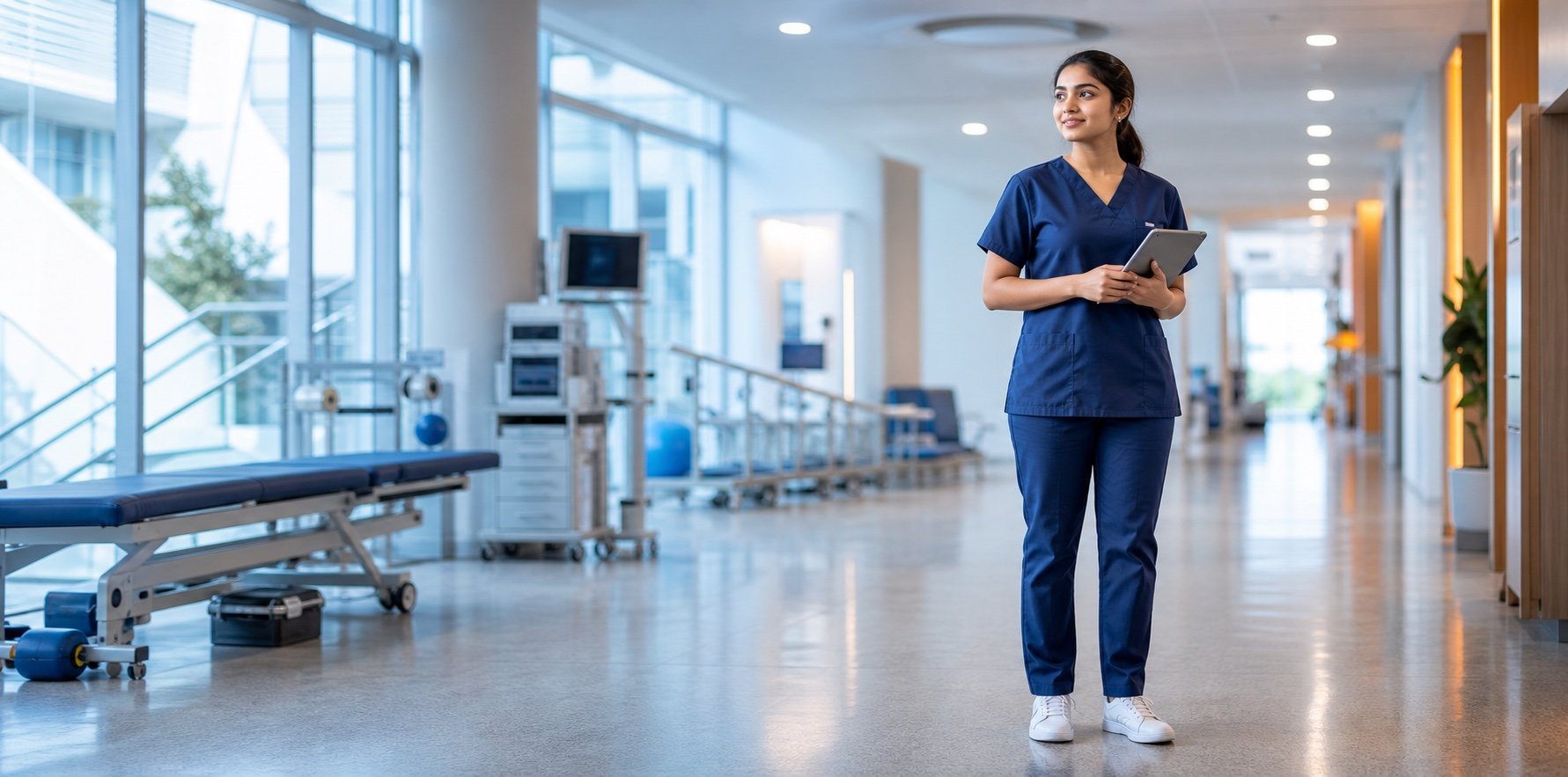 Healthcare student standing in a clinical corridor ready to begin training